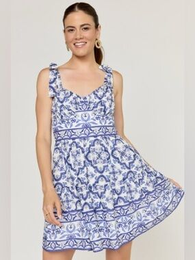 Coastal Tile Print Tie Strap Mini Dress
